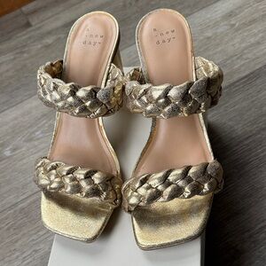 a new day Metallic Gold Braided Double-Strap Block Heel Sandals